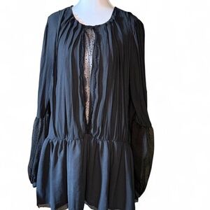 Free People Navy Peasant Blouse M • Sheer Dot Sleeves Boho Top